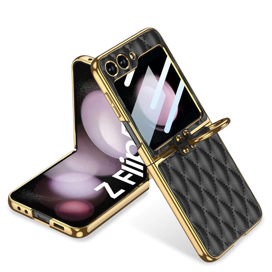 Galaxy Z Flip5 Elegant Leather Ring Support Case casemarts